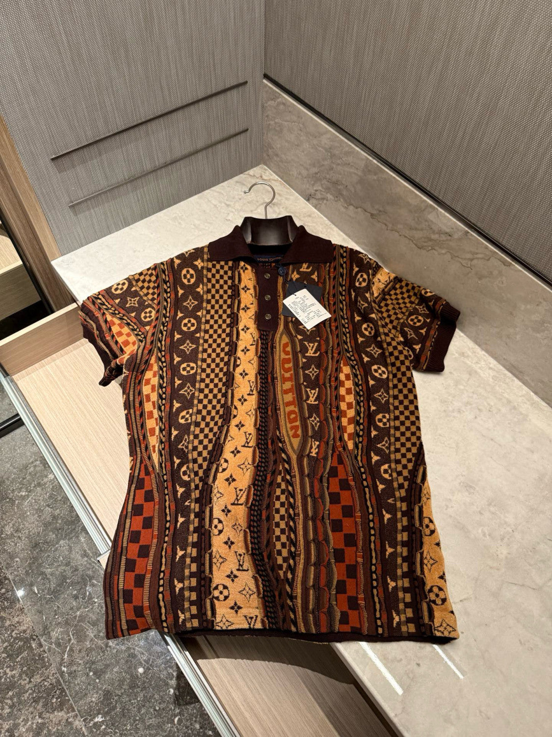 Louis Vuitton Men's Summer Logo Jacquard Knit Cotton-Blend Vintage Twist-Knit Short-Sleeve Polo T-Shirt #79424