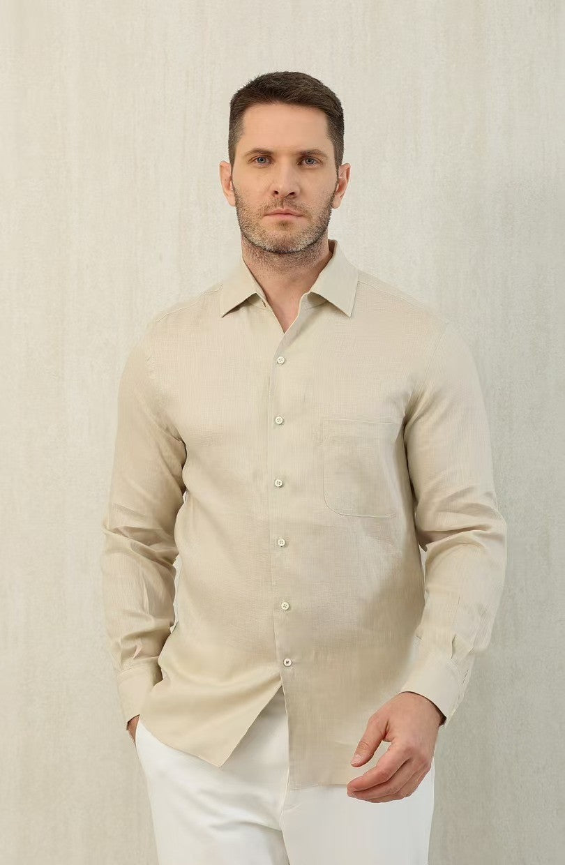 Loro Piana Men's Spring And Summer Solid Color André Shirt Lapel Single-breasted Linen Shirt Ngvp #7962