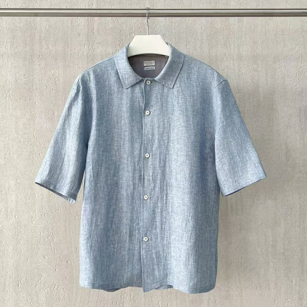 Brunello Cucinelli Men's Linen Loose Summer Single-Breasted Solid Color Lapel Short Sleeve Shirt Ngvp #1454
