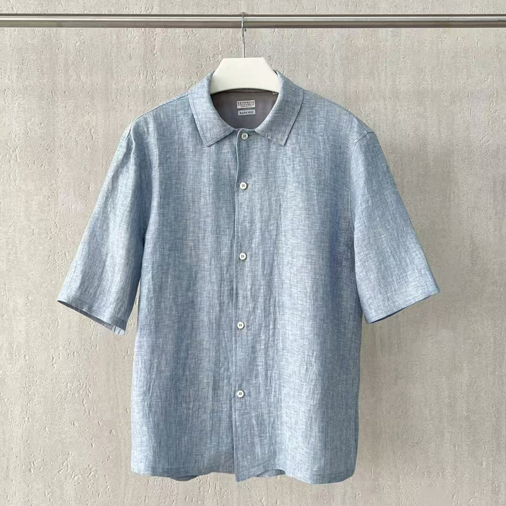 Brunello Cucinelli Men's Linen Loose Summer Single-Breasted Solid Color Lapel Short Sleeve Shirt Ngvp #1454