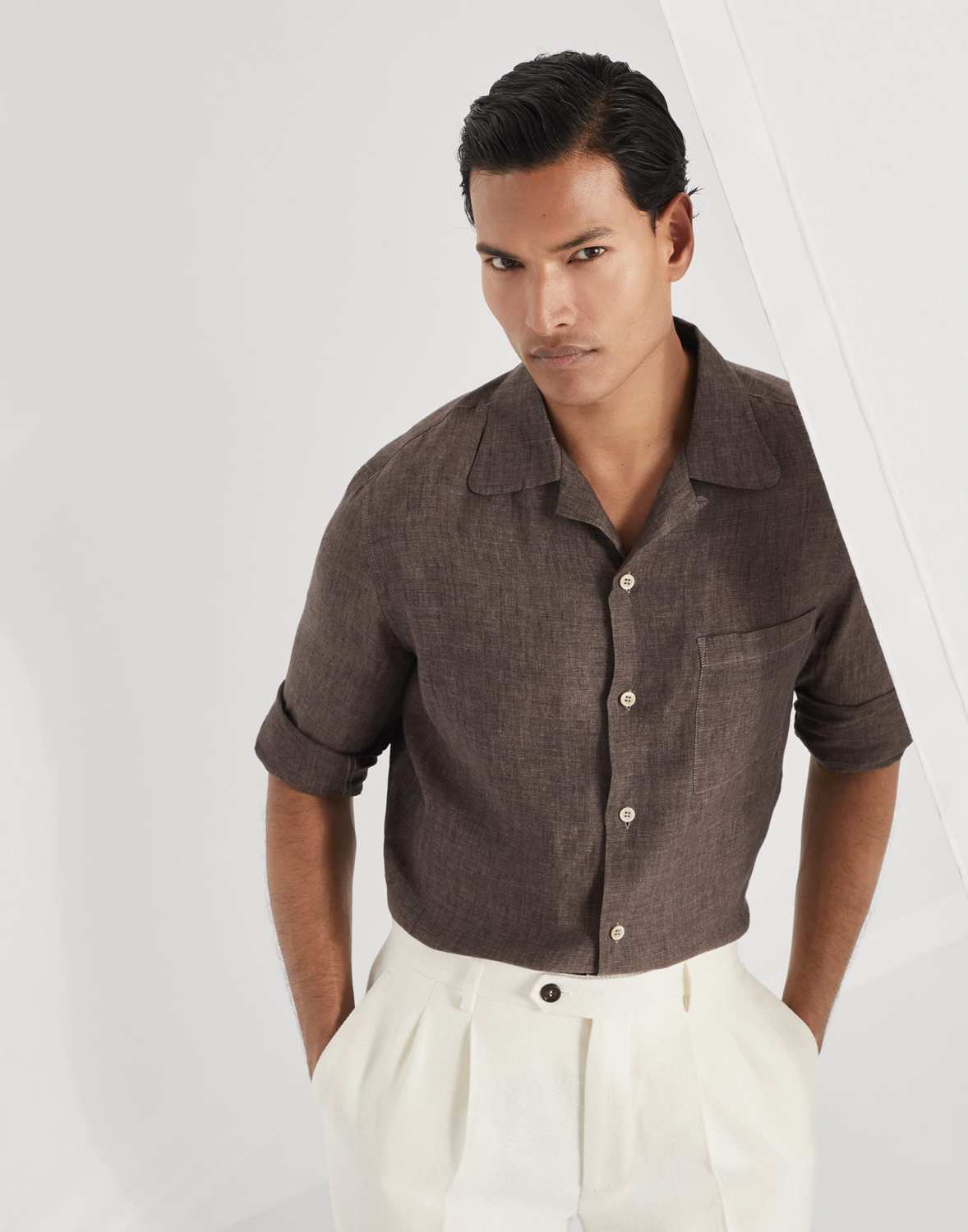 Brunello Cucinelli Men's Linen Easy Fit Shirt with Camp Collar and Chest Pocket Spring And Autumn Solid Color Long Sleeve Top Ngvp #1455