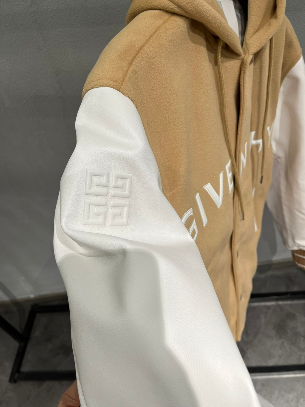 Givenchy Men's Autumn and Winter Color Blocking Single Breasted Wool and Leather Hooded Jacket #98878
