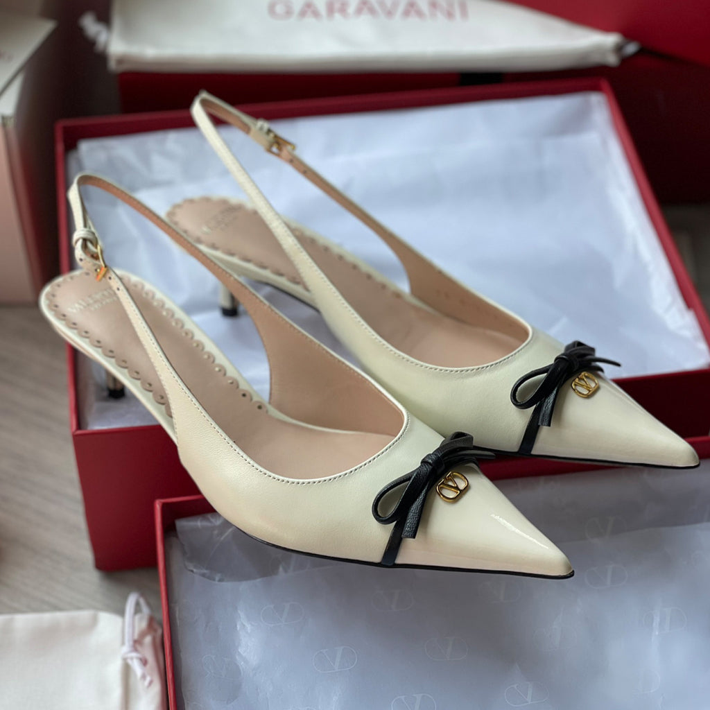 Valentino Bepointy Slingback Pump In Patent Leather And Kidskin Bow V-mark Shoes Fashionable Elegant Exquisite Luxurious Small High Heels 4cm 8cm Ngvp #2246