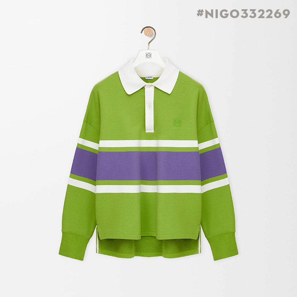LOEWE FW25 Men's Cotton Horizontal Striped Logo Embroidered Long-Sleeved Polo Shirt #332269