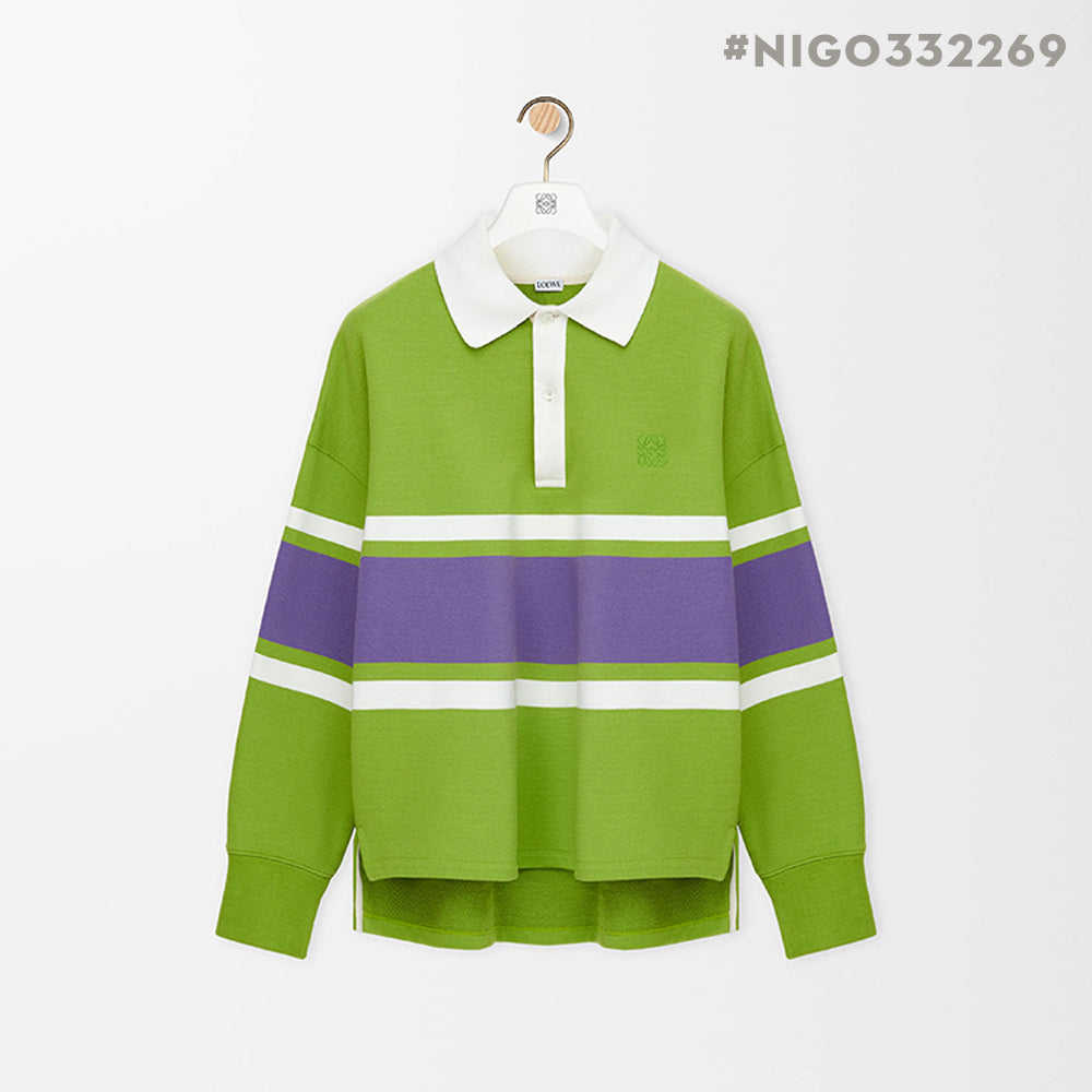 LOEWE FW25 Men's Cotton Horizontal Striped Logo Embroidered Long-Sleeved Polo Shirt #332269