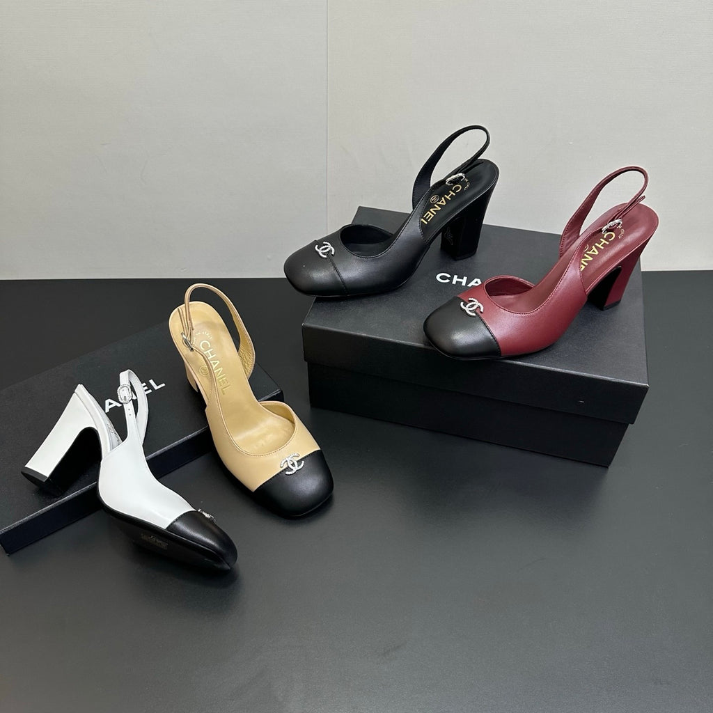 Chanel 9cm Heel Height Double C Thick Heel Back Hollow Color Block Stitching High Heel Sandals #333233