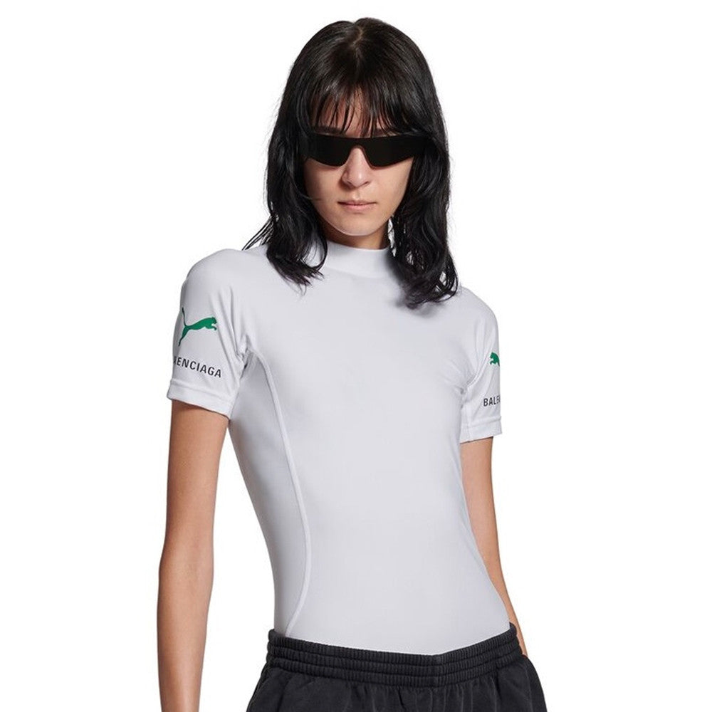 Balenciaga x PUMA Women's and Men's CAT Print White Technical Stretch Fabric Fitted T-shirt #333096
