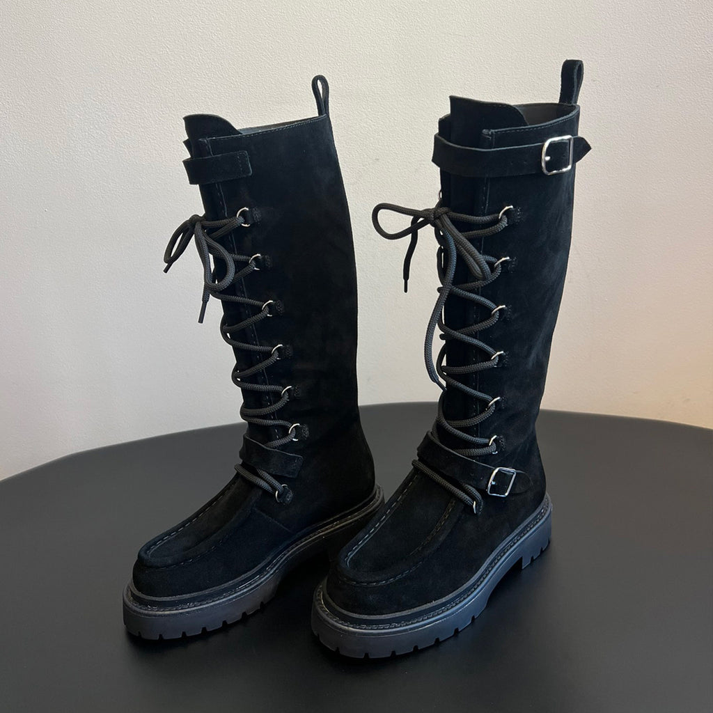 Hermes Women's Fall/Winter Cowhide Suede Lace-Up Knee-High Boots Solid-Color Buckle Casual Shoes Riding Boots Ngvp #2327