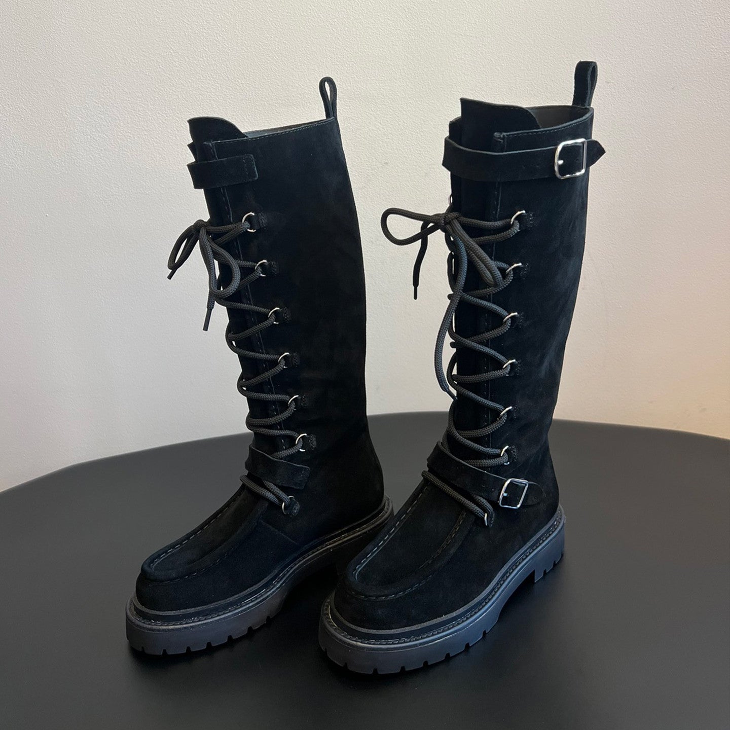 Hermes Women's Fall/Winter Cowhide Suede Lace-Up Knee-High Boots Solid-Color Buckle Casual Shoes Riding Boots Ngvp #2327