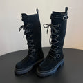 Hermes Women's Fall/Winter Cowhide Suede Lace-Up Knee-High Boots Solid-Color Buckle Casual Shoes Riding Boots Ngvp #2327