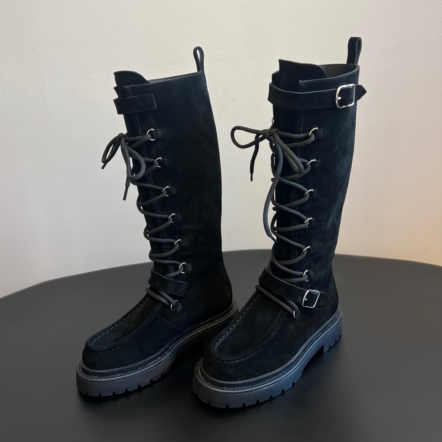 Hermes Women's Fall/Winter Cowhide Suede Lace-Up Knee-High Boots Solid-Color Buckle Casual Shoes Riding Boots Ngvp #2327