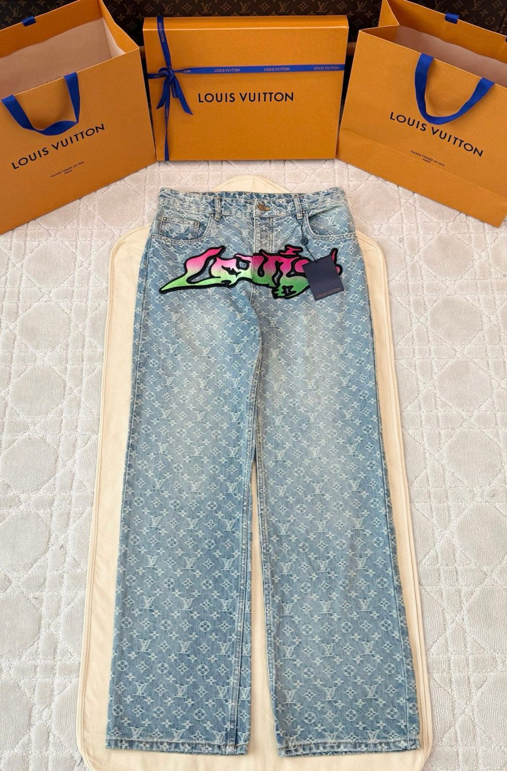 Louis Vuitton Men's Spring Autumn Solid Colour Graffiti Letter Print Casual Jeans Pants #76971