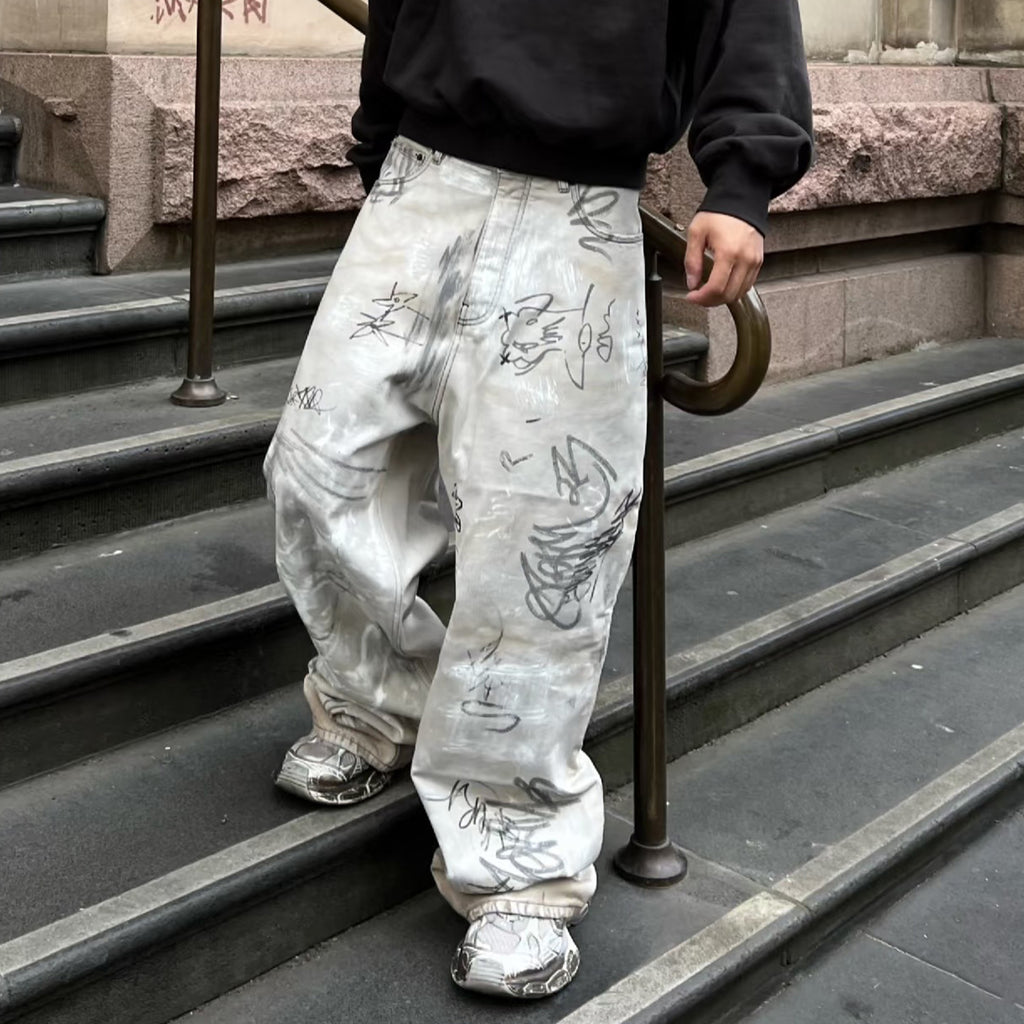 Balenciaga Men's Spring And Autumn Graffiti Retro Old Workwear Pants White Baggy Jeans High Street Fashion Straight Casual Pants Ngvp #1184