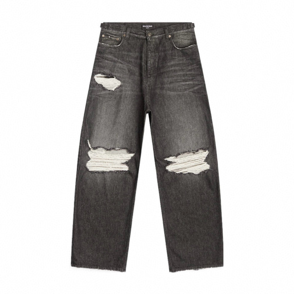 Balenciaga Men's Four Seasons Black Cotton Mid Waist Loose Ripped Denim Pants Ngvp #8181