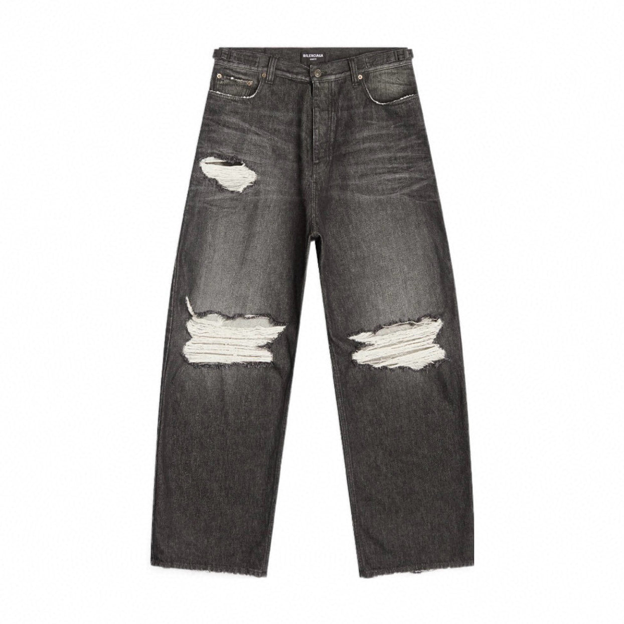 Balenciaga Men's Four Seasons Black Cotton Mid Waist Loose Ripped Denim Pants Ngvp #8181