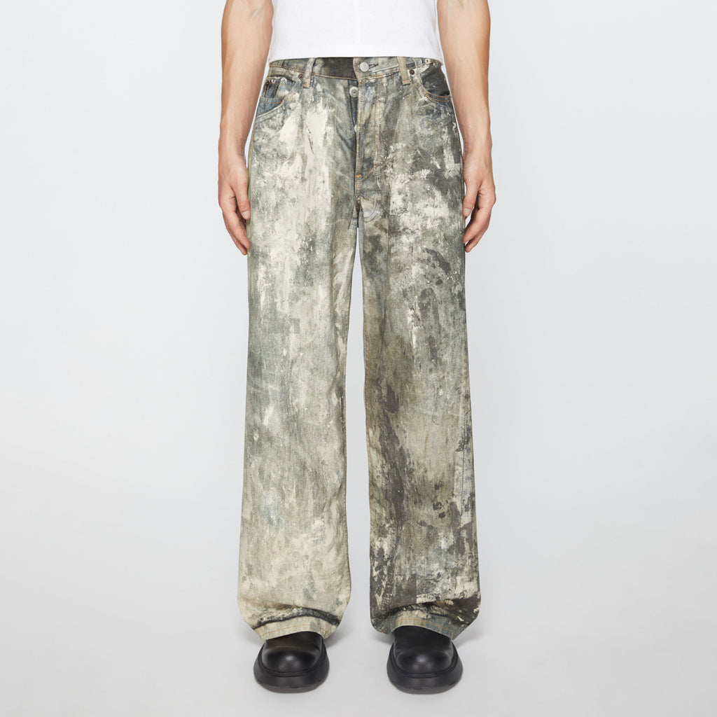 Acne Studios Men's Fall/Winter Ink Splash Print Low Rise Wide Leg Loose Button Jeans Pants #72142