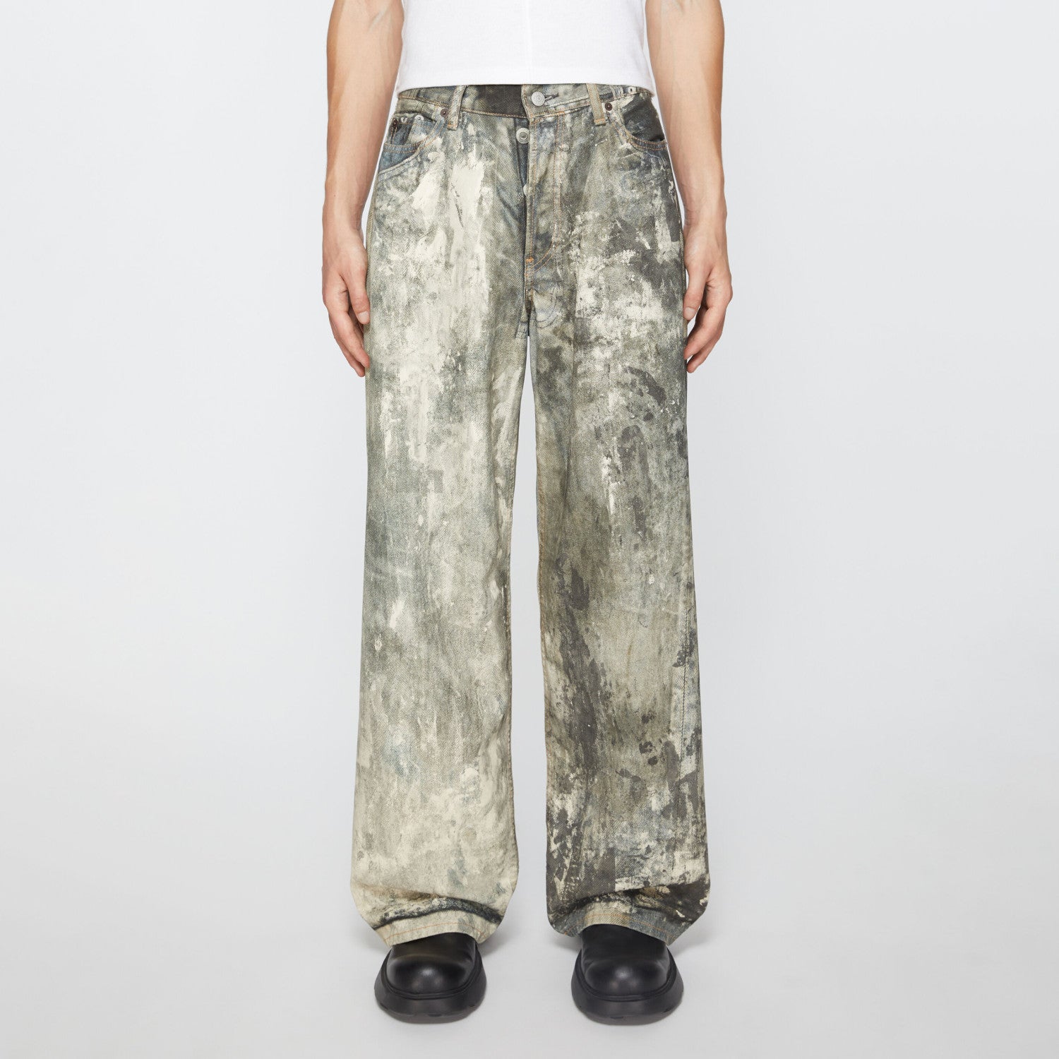Acne Studios Men's Fall/Winter Ink Splash Print Low Rise Wide Leg Loose Button Jeans Pants #72142