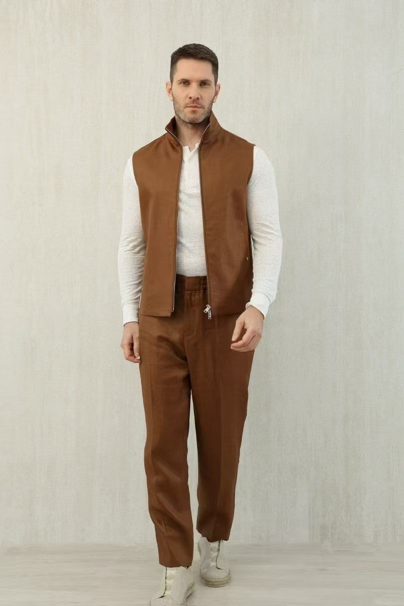 Ermenegildo Zegna Men's Spring And Autumn Solid Color Standing Collar Zipper Fit Sleeveless Vest Jacket Ngvp #1168