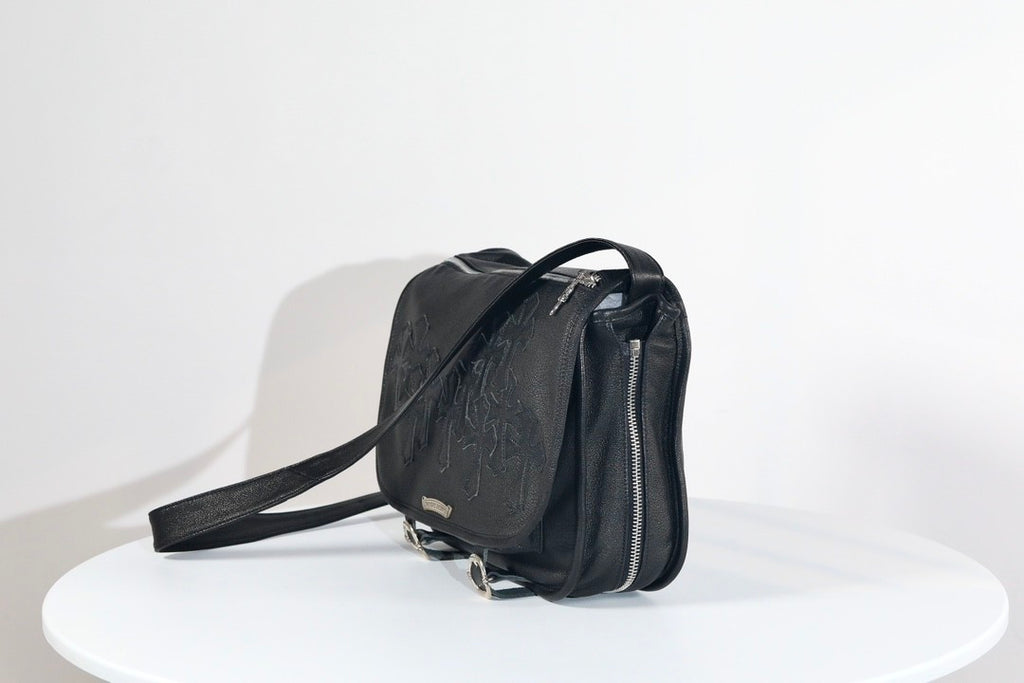 Chrome Hearts  vintage Cross-stitch Flap Shoulder Bag Messenger Style Cowhide Leather 925 Sterling Silver Hardware Total Silver Weight: Approx. 116g #81943A