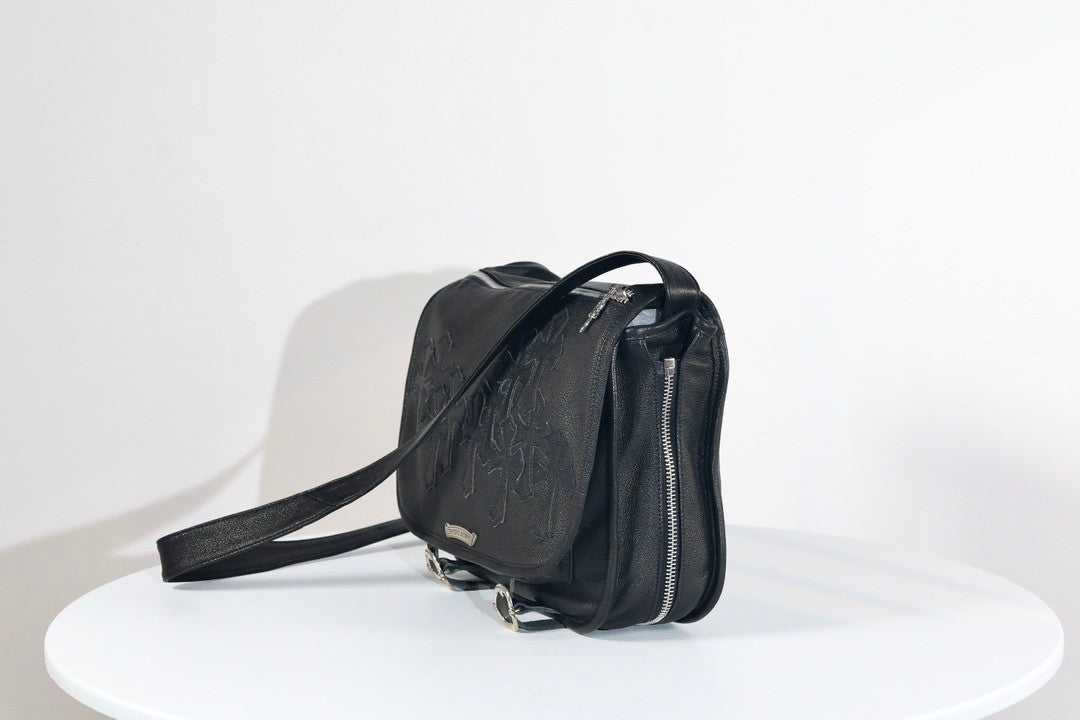 Chrome Hearts  vintage Cross-stitch Flap Shoulder Bag Messenger Style Cowhide Leather 925 Sterling Silver Hardware Total Silver Weight: Approx. 116g #81943A