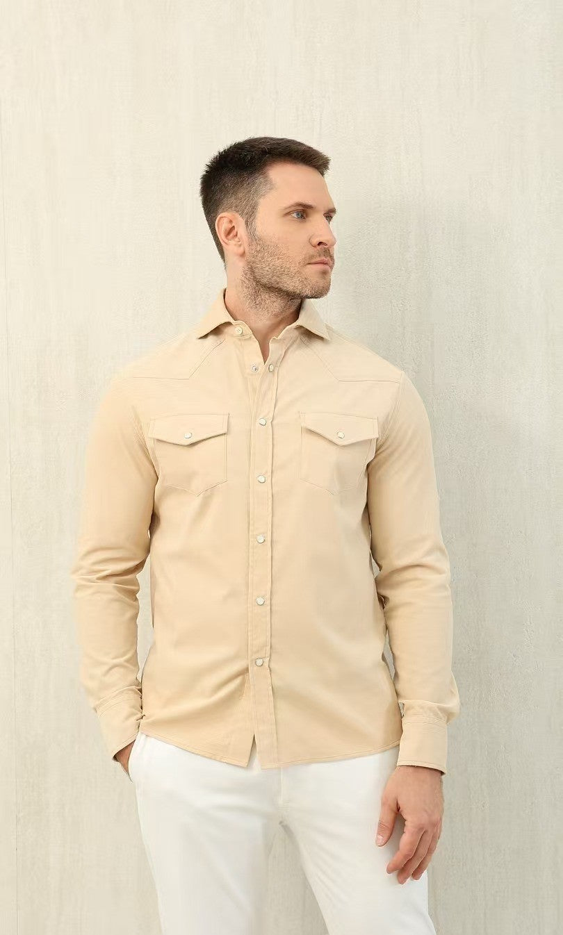 Brunello Cucinelli Men's Spring And Fall Cotton Lapel Solid Color Single-Breasted Chest Pocket Long Sleeve Fitted Shirt Ngvp #1557