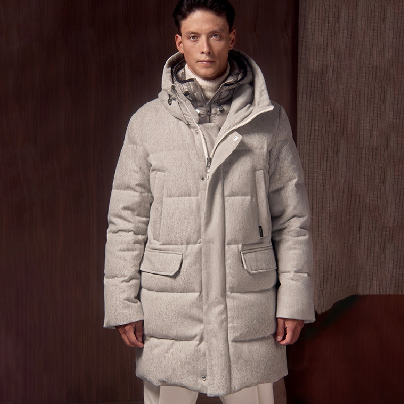 Montecore Men's Autumn And Winter Coat Casual Hooded  Zipper Stand Up Collar Wool Fabric Long Style Puffer Down Jacket Ngvp #7454