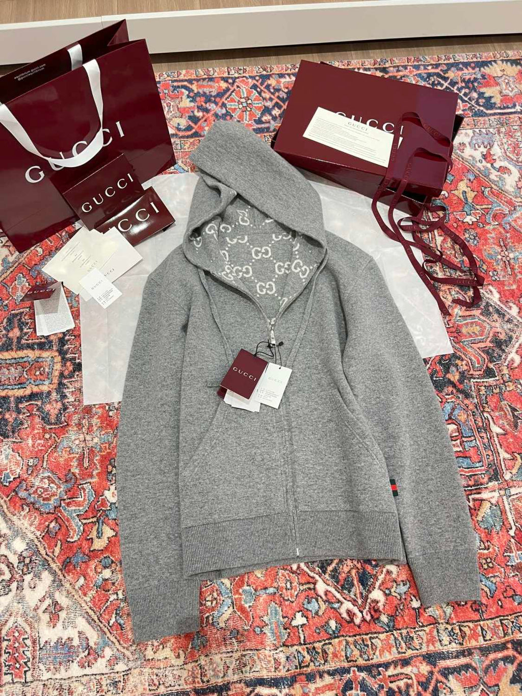 Gucci Men's Autumn and Winter Gray Full Printed Reversible Hooded Zipper Long Sleeve Jacket #74292