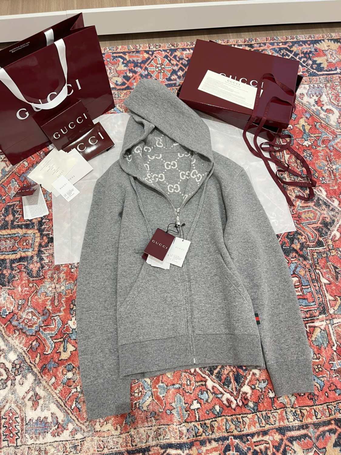 Gucci Men's Autumn and Winter Gray Full Printed Reversible Hooded Zipper Long Sleeve Jacket #74292