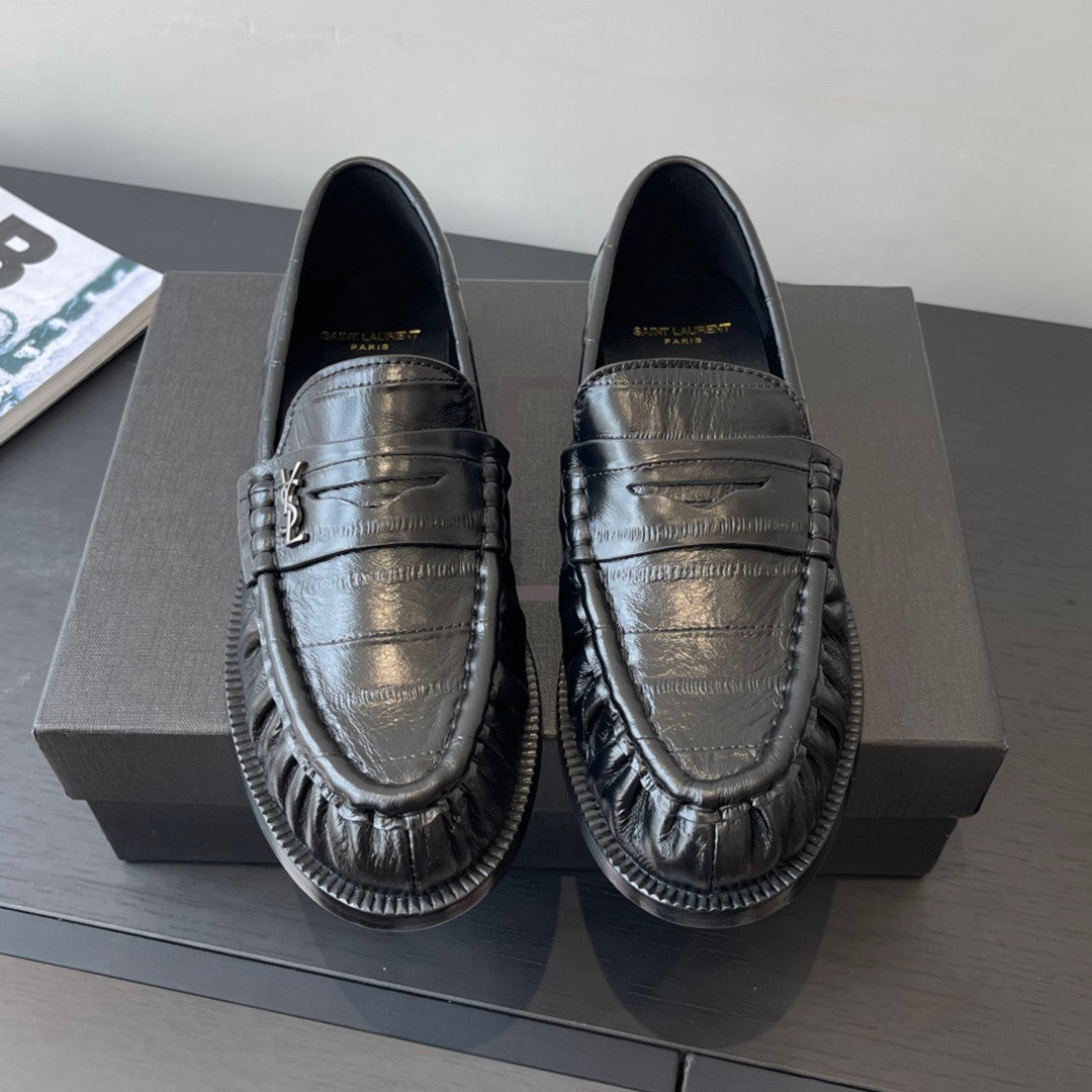 Saint Laurent Women's Four Seasons Solid Color Round Toe Low Top Flat Heel Loafers Leather Casual Shoes #81342