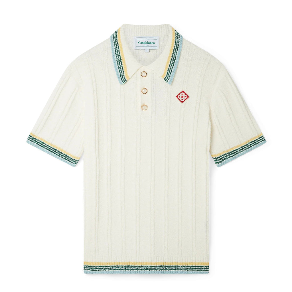 Casablanca Men's Summer White Striped Trim Comfortable Ribbed Knit Short Sleeve Polo T-Shirt #73227