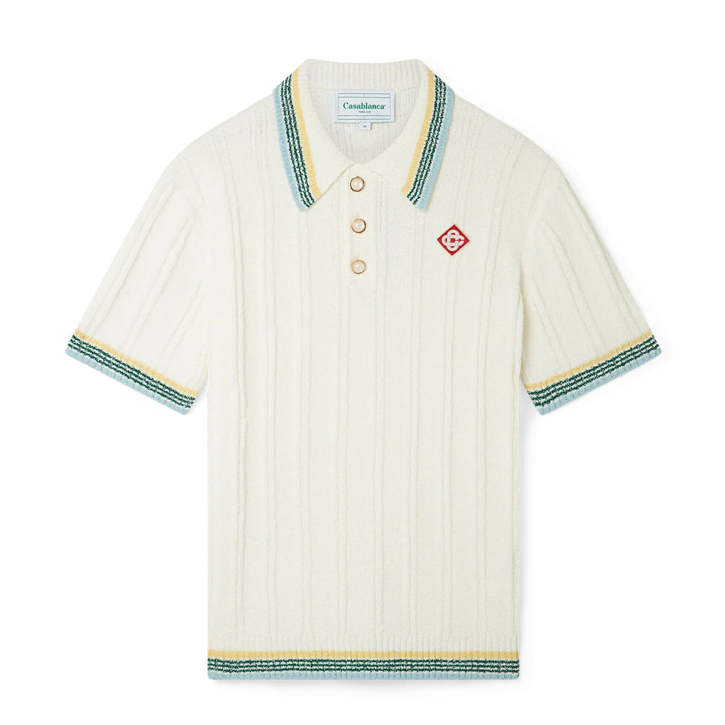 Casablanca Men's Summer White Striped Trim Comfortable Ribbed Knit Short Sleeve Polo T-Shirt #73227