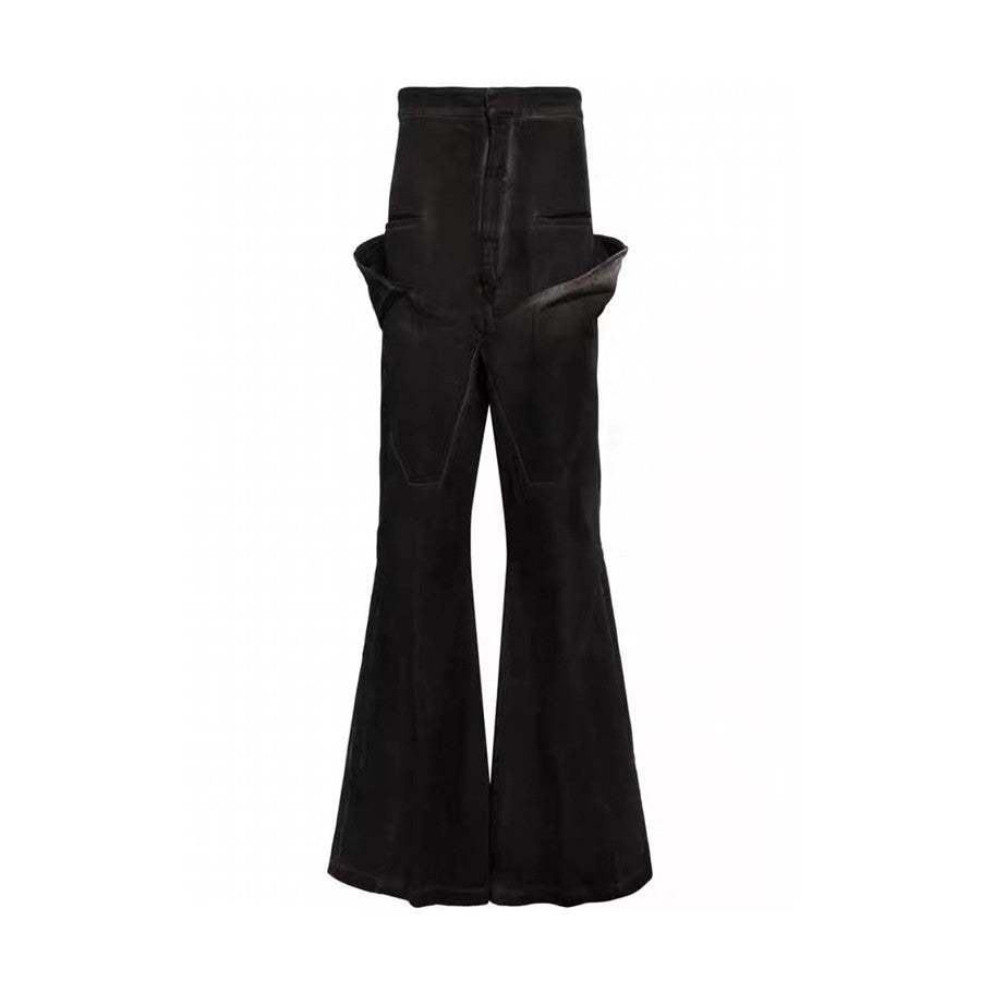 Rick Owens Men's Women's Four Seasons Solid Color Waxed High Waist Wide Leg Pants Casual Denim Flare Pants Ngvp #9666