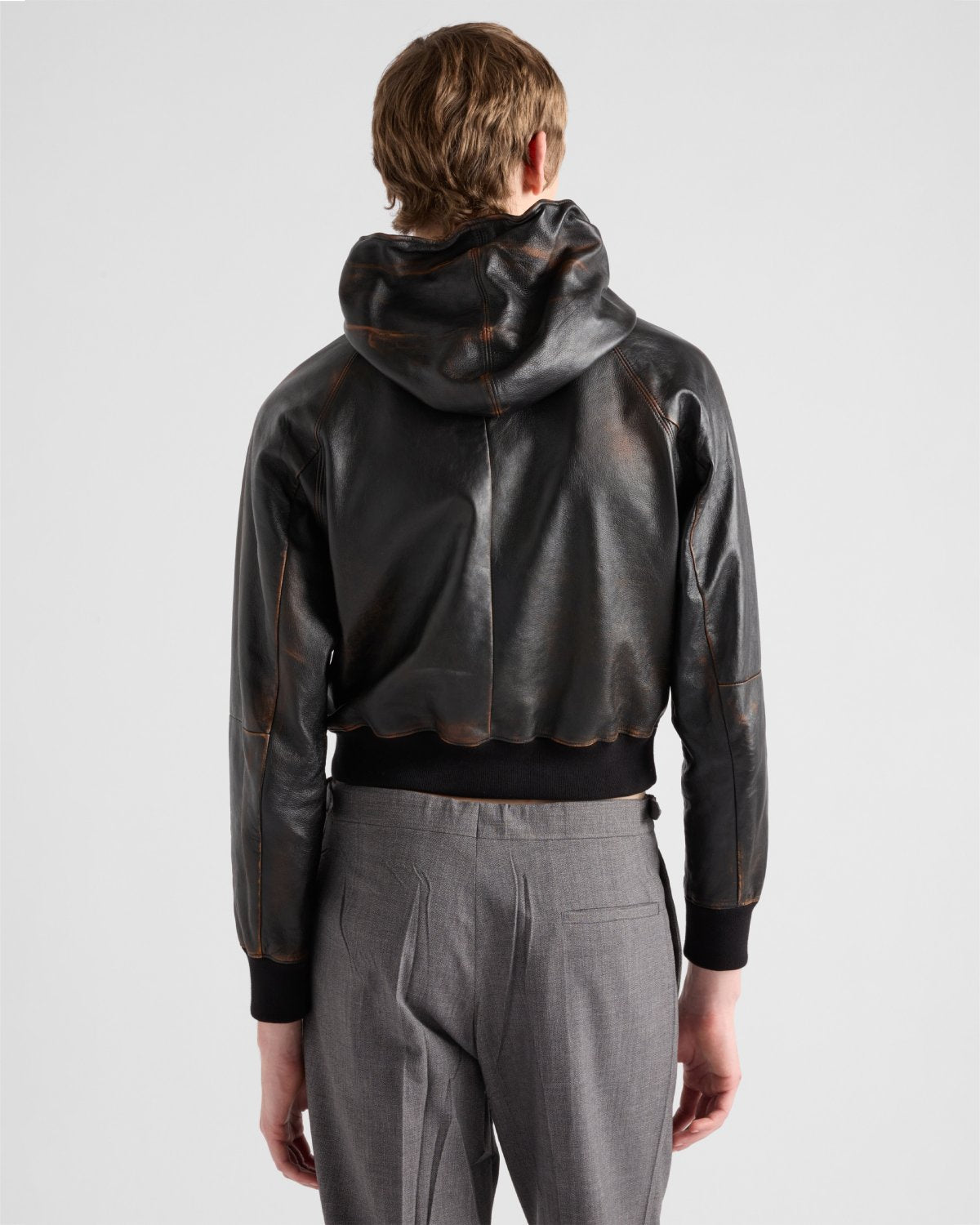 Prada SS25 Spring And Summer Men's Nappa Leather Hooded Raglan Long Sleeve Sweatshirt Leather Jacket #332536