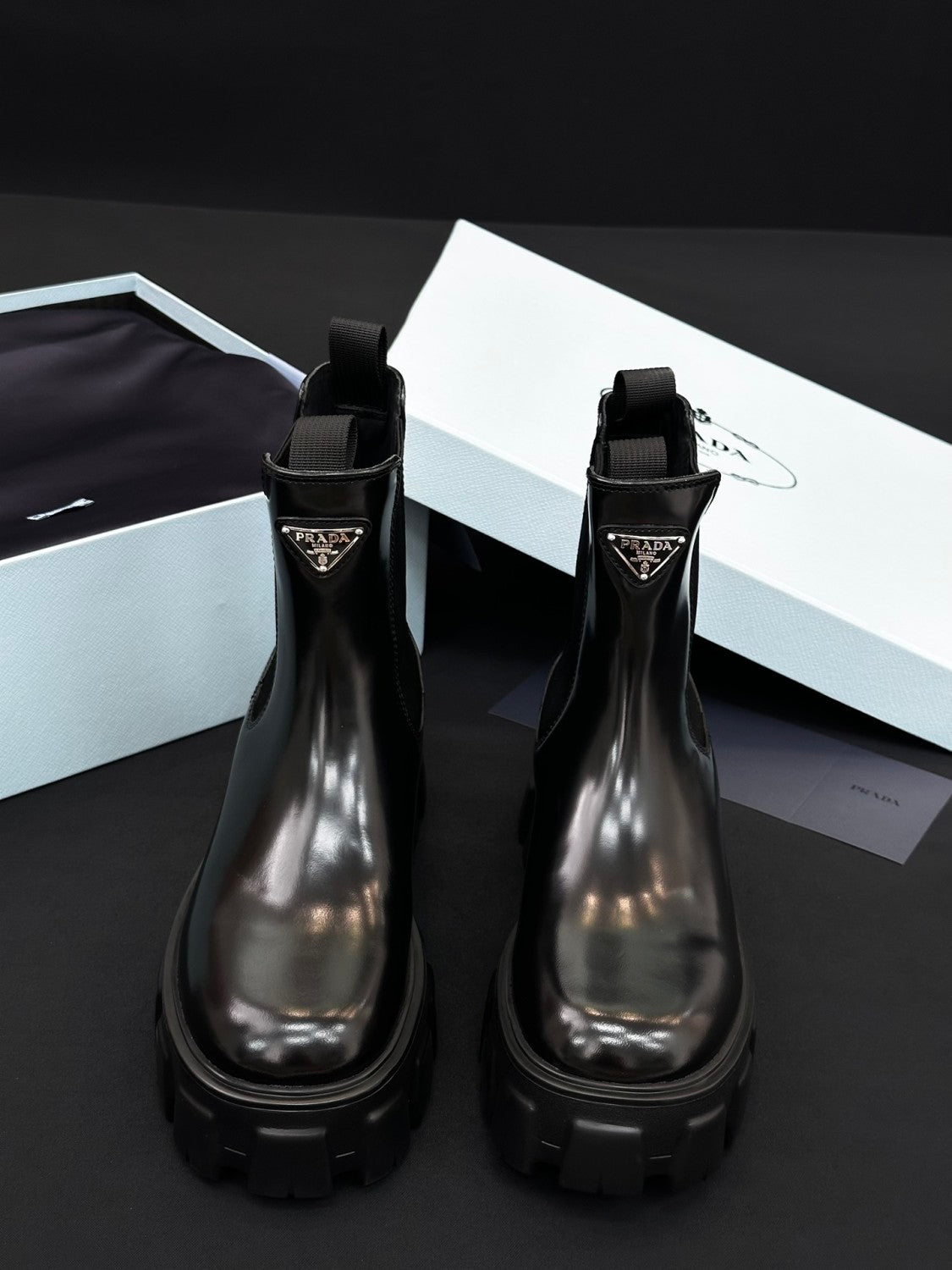 Prada Women's Fall/Winter Fashion Classic Solid Color Round Toe Slip On Leather Ankle Boots Chester Boots with Thick Soles Shoes #78532