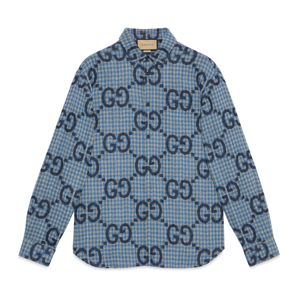 Gucci Men's Spring and Autumn Blue Letter Printed Single Breasted Long Sleeve Lapel Shirt #98873