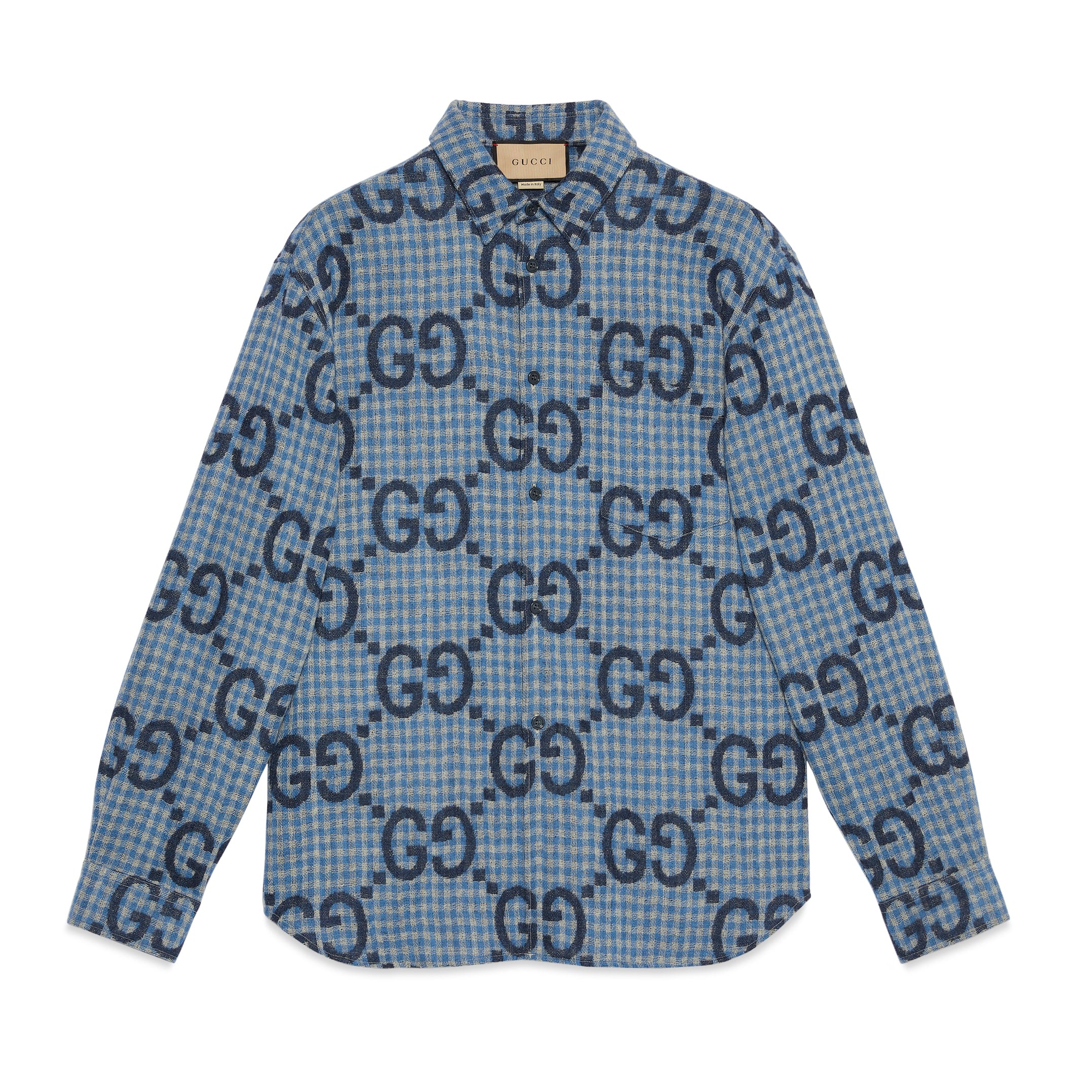 Gucci Men's Spring and Autumn Blue Letter Printed Single Breasted Long Sleeve Lapel Shirt #98873
