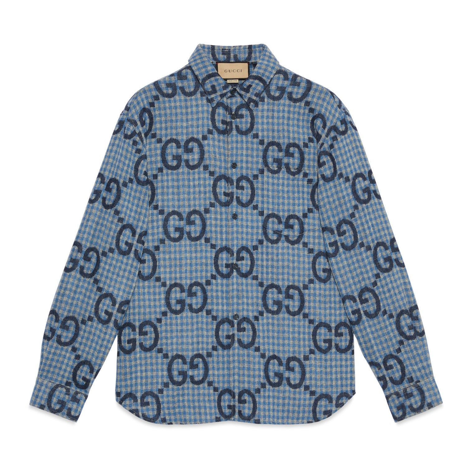Gucci Men's Spring and Autumn Blue Letter Printed Single Breasted Long Sleeve Lapel Shirt #98873