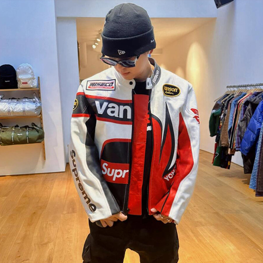 Supreme Yohji Yamamoto Marlboro Men's Women's Vintage Racing Suit Colour Blocking Fashion Leather Jacket Lapel High Street Trend Jacket Autumn and Winter #81156