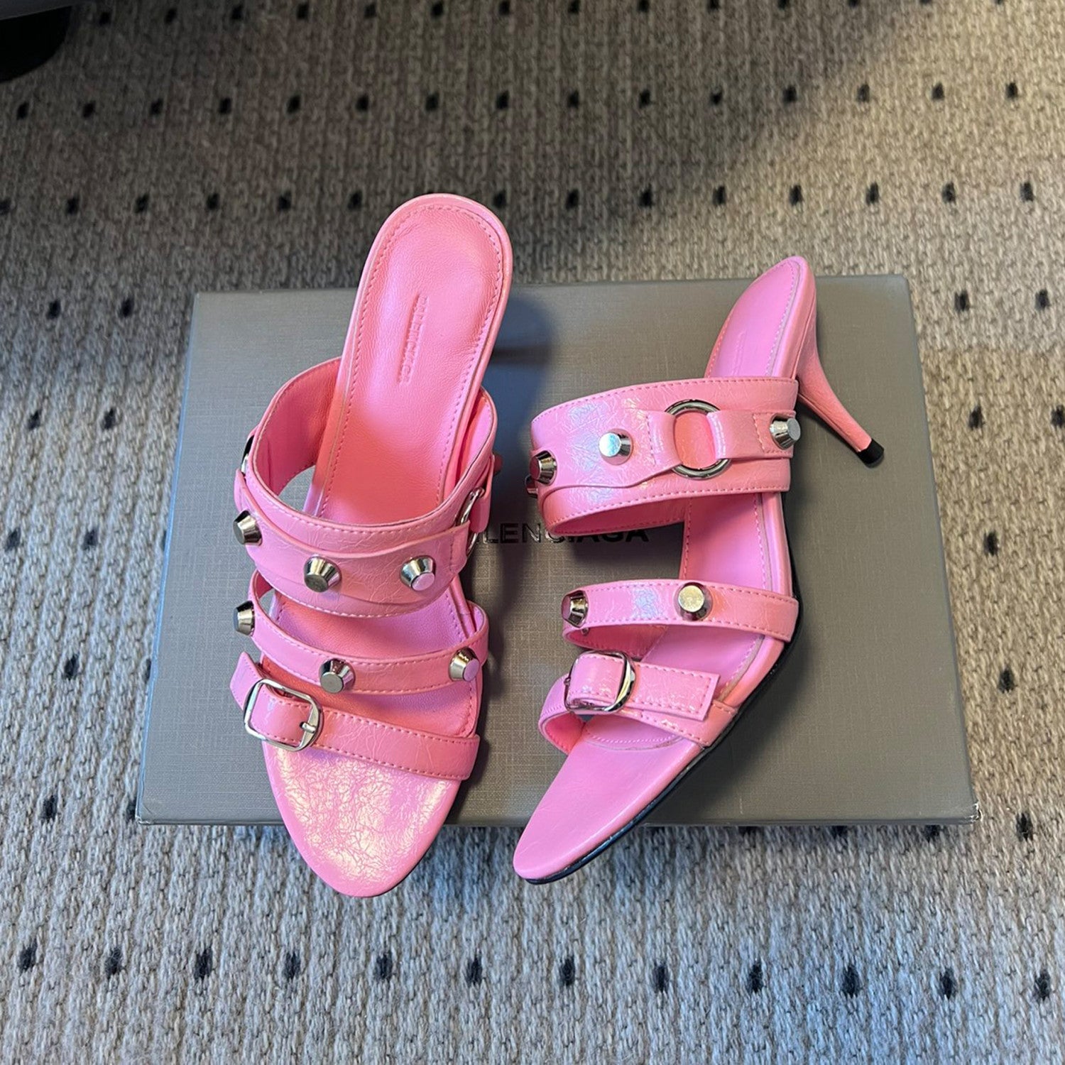 Balenciaga Women's Metal Rivet Decorated Sandals Fine Heeled High Heels Fashion Sexy Solid Colour Basic Slippers Shoes Heel High 8.5cm Ngvp #1466