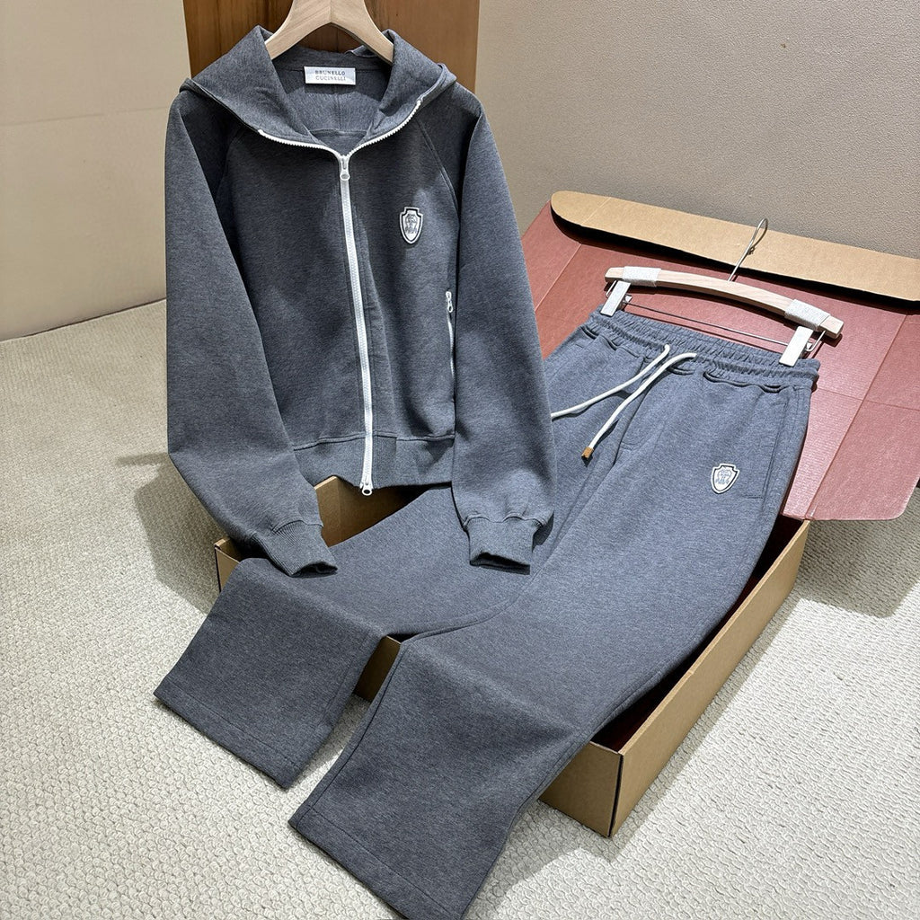 Brunello Cucinelli Men's And Women's Spring/fall Fashion Casual Solid Color Hooded Zipper Jacket With Logo Trim Solid Color Elastic Waist Casual Wide Leg Pants Pants Suit Set #79265