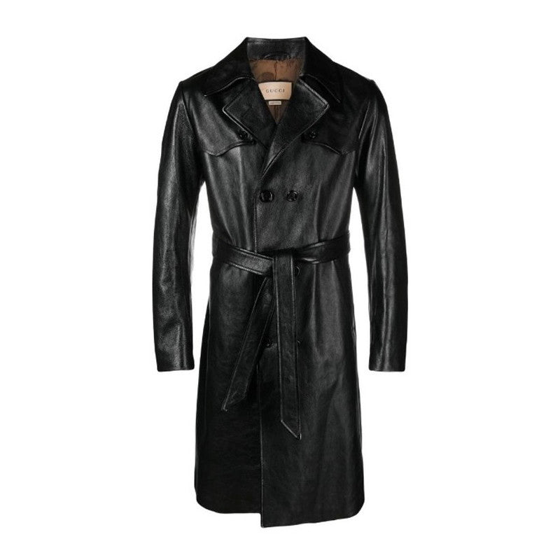 Gucci Men's Fall And Winter Black Double Breasted Lace Up Drawstring Lambskin Long Coat Jacket #99879