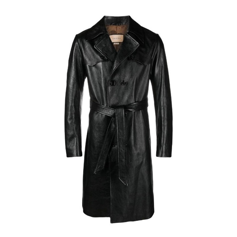 Gucci Men's Fall And Winter Black Double Breasted Lace Up Drawstring Lambskin Long Coat Jacket #99879
