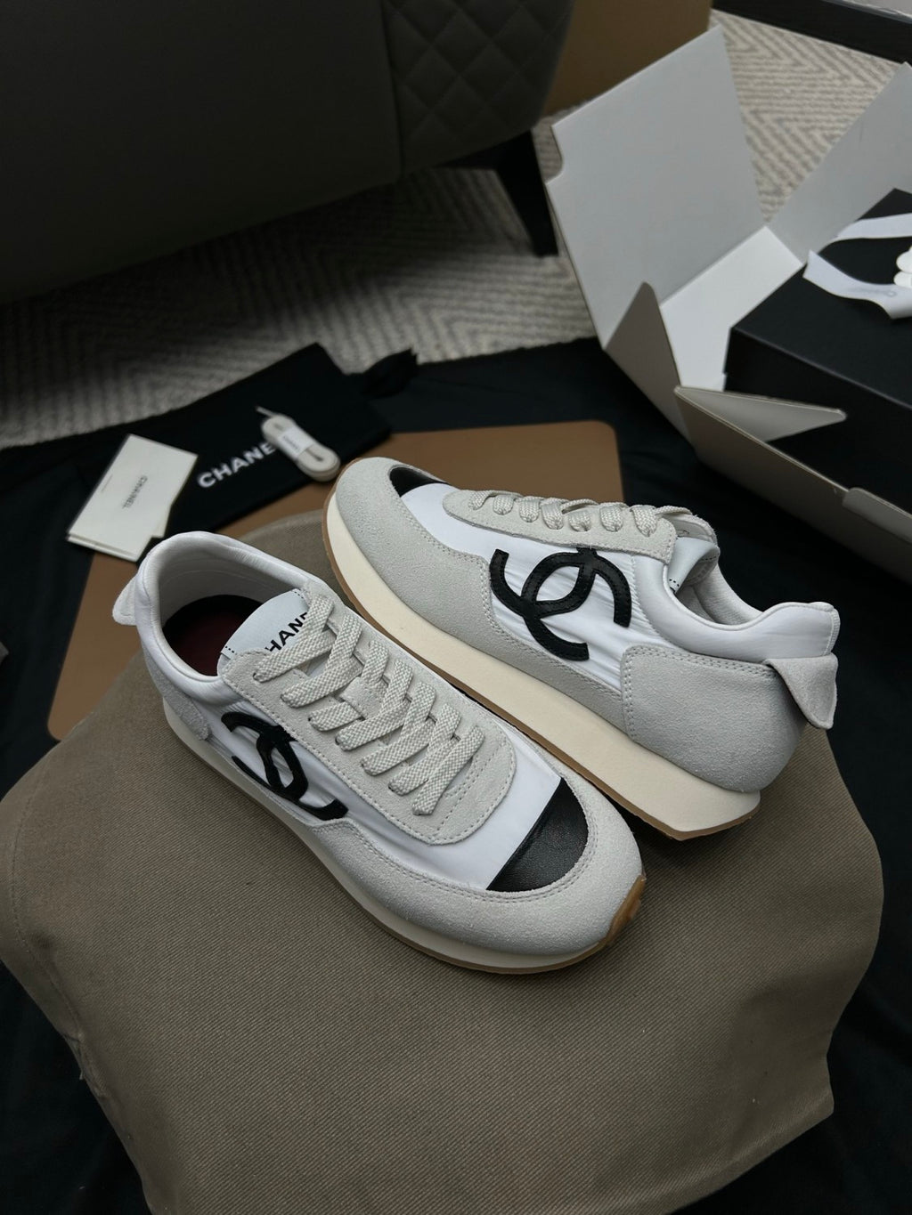 Chanel Sneakers Fabric & Suede Calfskin White & Black #377666