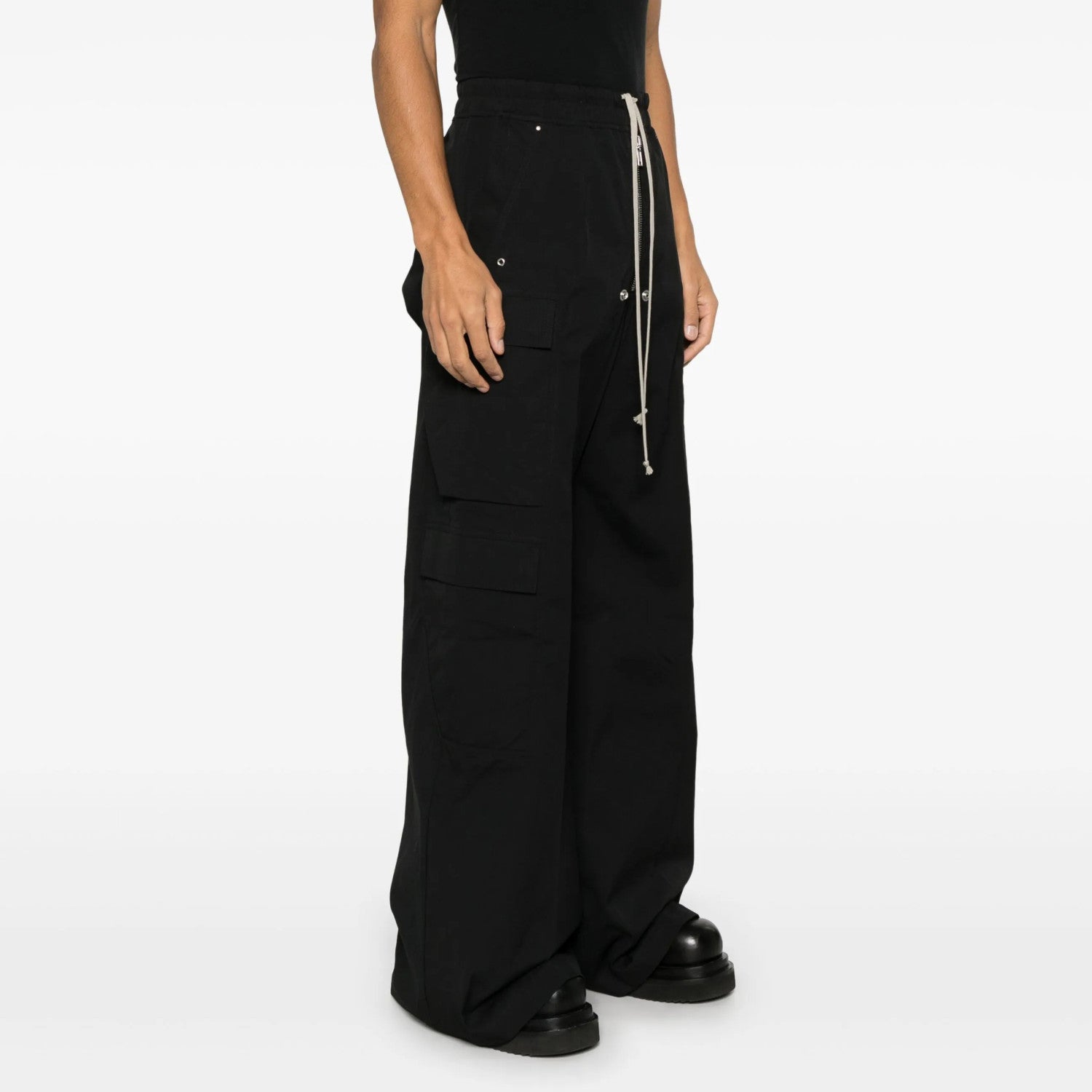 Rick Owens Men's Spring & Fall Black Multi-Pocket Drawstring Zipper Wide Leg Flared Pants #76955