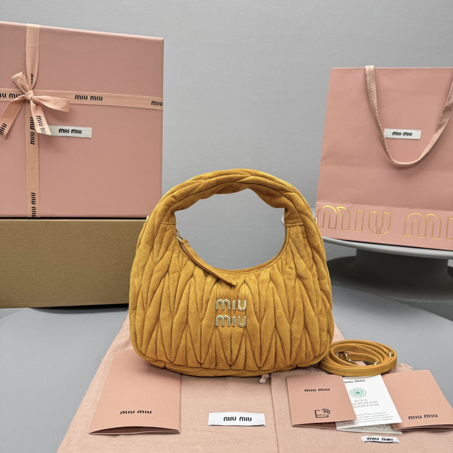 MiuMiu Wander Matelassé Suede Leather Bag Women's Metal Engraving Zipper Closure Single Shoulder Crossbody Crescent Bag Tote Bag #333006