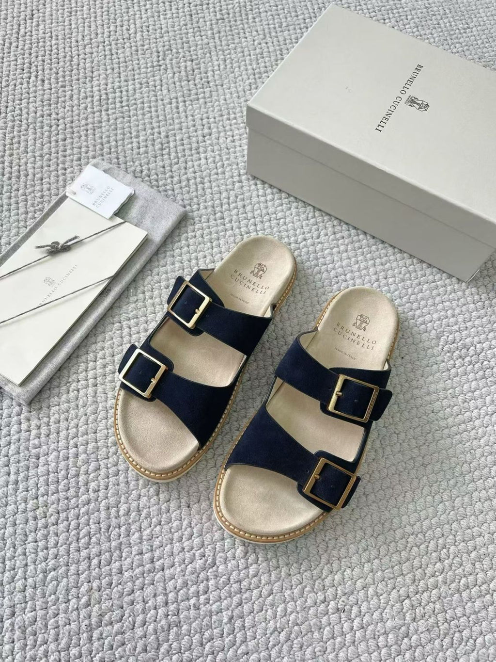 Brunello Cucinelli Suede slides with buckles for Man in Hazelnut