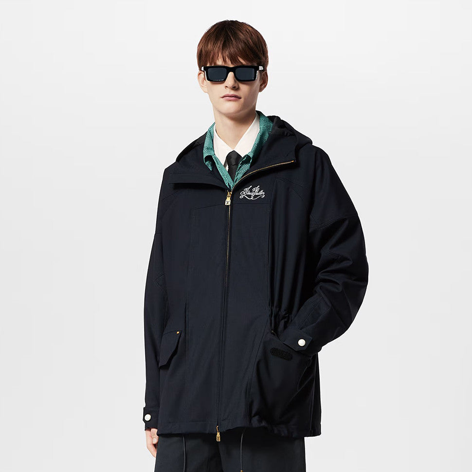 Louis Vuitton Men's Solid Logo Embroidered Hooded Zipper Blue Long Sleeve Fitted Parker Jacket Coat #71458