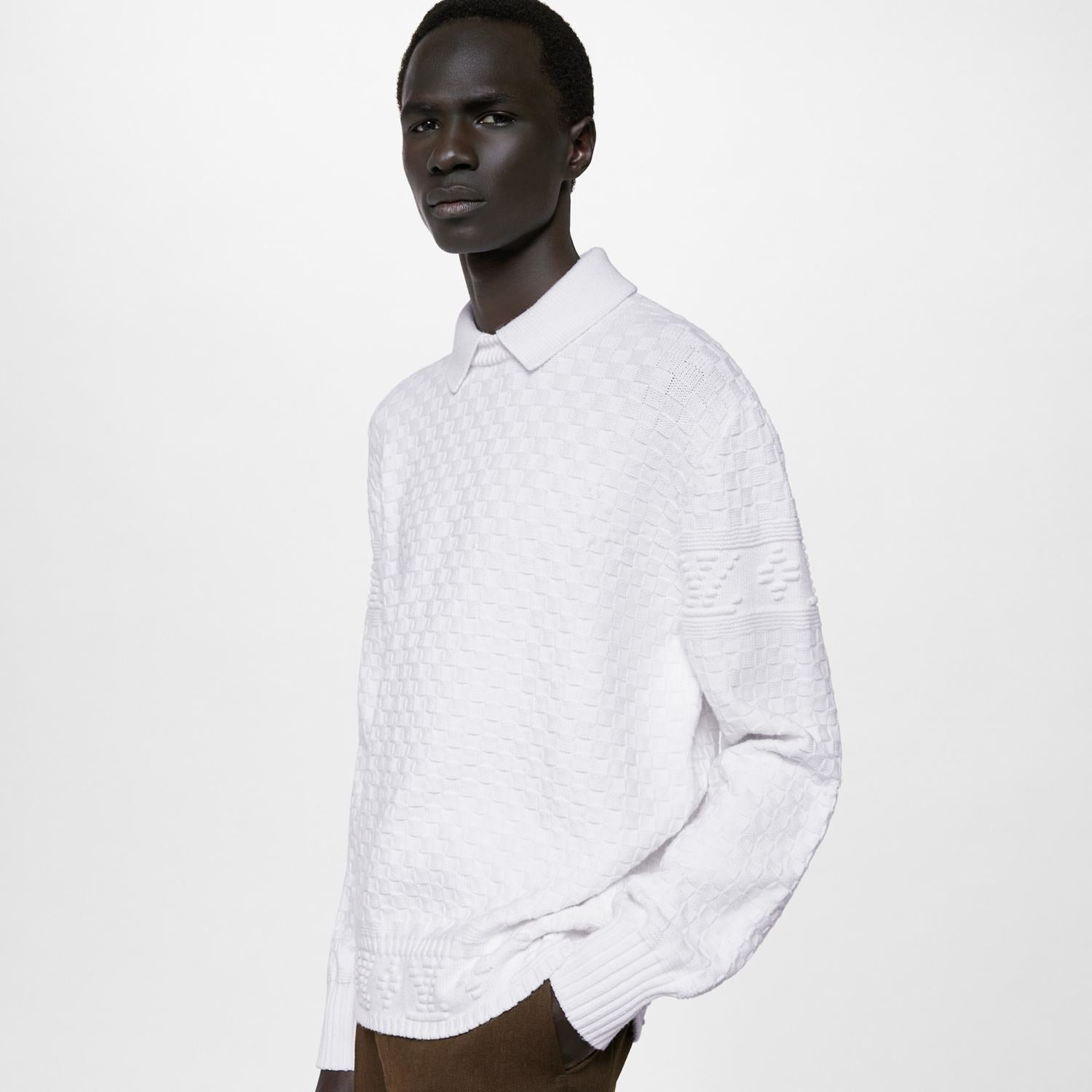 Louis Vuitton Men's Autumn/Winter White Lapel Knit Sweater LV Damier Wool Blend Pullover #97613