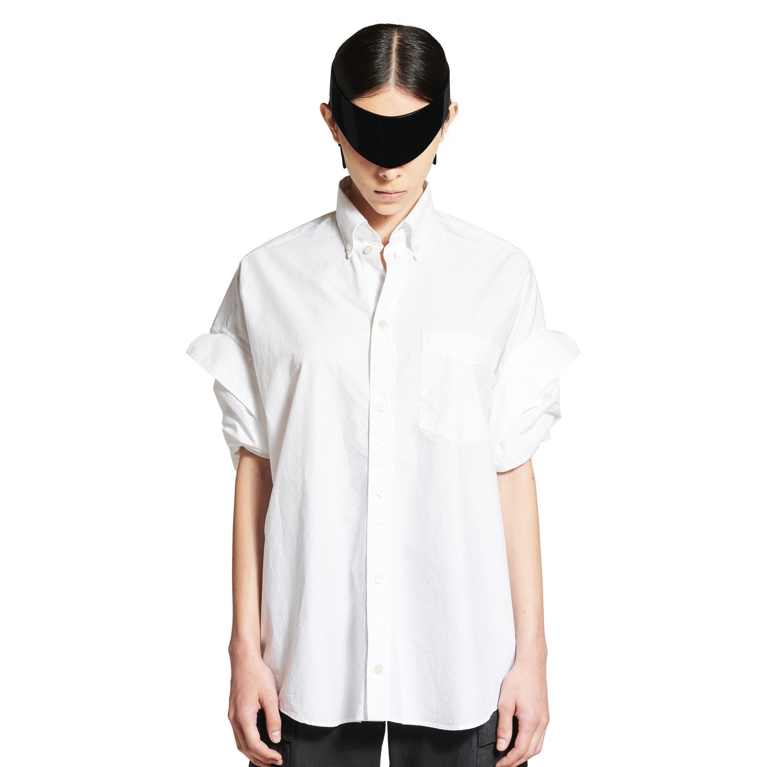 Balenciaga Men's Women's Spring Summer Autumn Lapel Fit White Cotton Poplin Round Hem Folded Sleeve Shirt Ngvp #1399