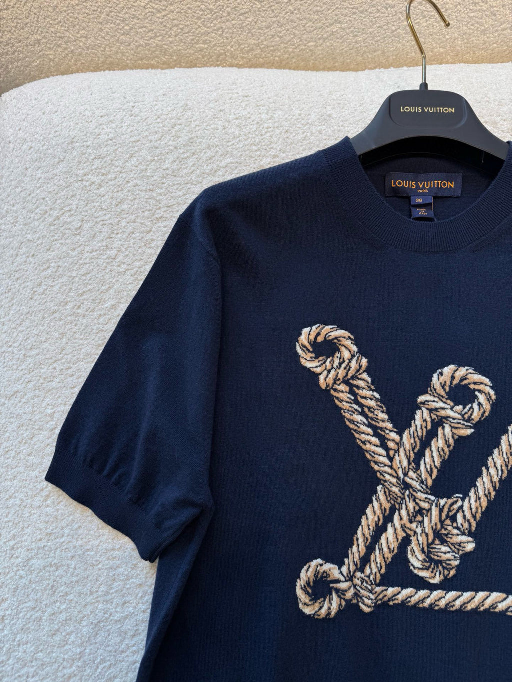 Louis Vuitton Women's Spring And Summer Nautical Series Blue Knitted T-shirt Fashion Trend Jacquard Casual Round Neck Top #81629